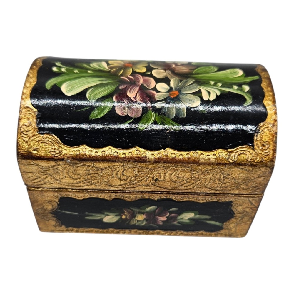 Vtg Coppini UGO Italian Florentine Wood Black Gold Domed Trinket Jewelry Box 4"